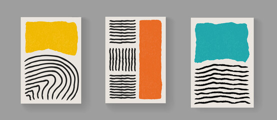 Poster - Set of abstract minimalistic hand painted art posters. Mid-century vintage composition. Scandinavian Illustration for Postcards, Covers and Brochures.