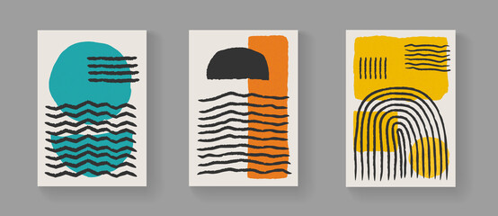 Poster - Set of abstract minimalistic hand painted art posters. Mid-century vintage composition. Scandinavian Illustration for Postcards, Covers and Brochures.