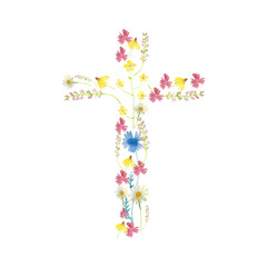 Easter cross made of watercolor flowers isolated on a white background