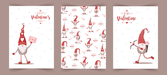 Wall Mural - Happy Valentine day cards with cute nordic gnomes in red hats with bow and cupids arrows. Mail with love message. Vector illustration in cartoon style. Scandinavian vintage postcards.