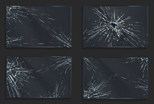 Broken Glass With Cracks And Hole From Impact Or Bullet Shot. Rectangular Shape Clear Acrylic Or Plexiglass Frames With Crashed Texture, Scratches And Breaks Realistic 3d Vector Illustration, Set
