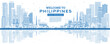 Outline Welcome to Philippines City Skyline with Blue Buildings and Reflections.