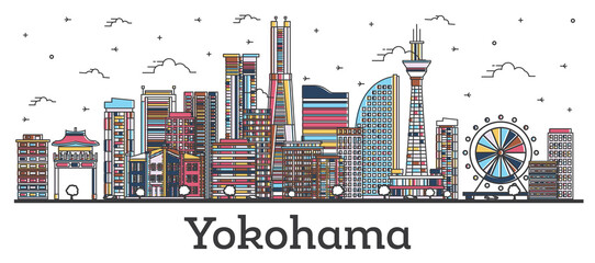 Fototapete - Outline Yokohama Japan City Skyline with Modern Colored Buildings Isolated on White.