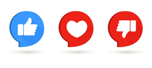 Fototapete - Like and dislike icons, Thumb up and thump down in speech bubble, love heart speech