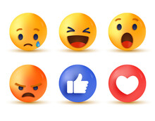 3d Social Media Reaction, Collection Of Emoji Reactions, Sad Cry Emoji, Funny Haha Emoticon, Surprise Wow Emoji, Grumpy Angry Emoticon, Like Thumb Up Icon, Love Heart Icon