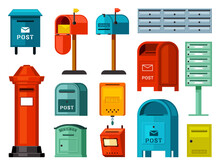 Retro And Modern Mailboxes Set. Blue Street Boxes With Legs Red Container For Paper Correspondence Green For Receiving And Sending Letters Numerous Metal Closed Sections Individual. Cartoon Vector.