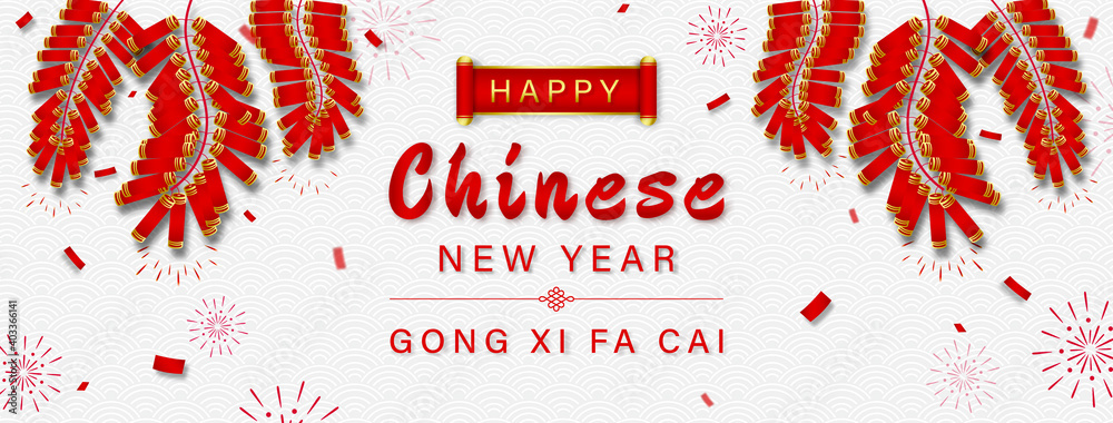 Happy Chinese new year GONG XI FA CAI text on oriental wave pattern  banner background with firecrackers - obrazy, fototapety, plakaty 