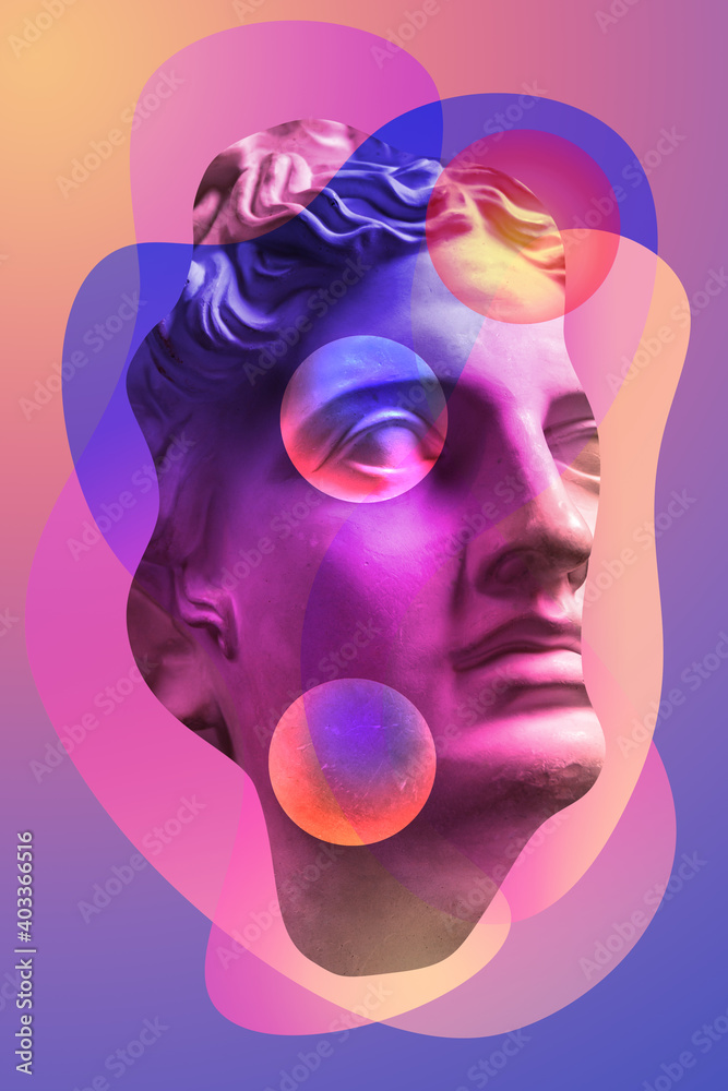 Collage with plaster antique sculpture of human face in a pop art style. Creative concept image with ancient statue head in pastel colors. Zine culture. Contemporary art style poster. Apollo bust. - obrazy, fototapety, plakaty 
