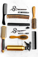 Wall Mural - hairdressing concept with barber tools on white background top view