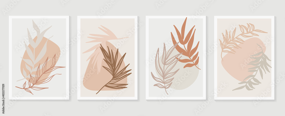 Botanical wall art vector set. Earth tone boho foliage line art drawing with  abstract shape.  Abstract Plant Art design for wall framed prints, canvas prints, poster, home decor, cover, wallpaper. - obrazy, fototapety, plakaty 