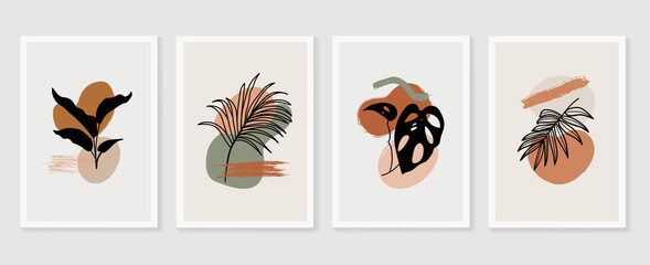 Botanical wall art vector set. Earth tone boho foliage line art drawing with  abstract shape.  Abstract Plant Art design for wall framed prints, canvas prints, poster, home decor, cover, wallpaper.