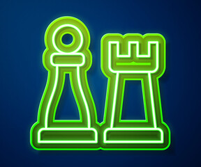 Sticker - Glowing neon line Chess icon isolated on blue background. Business strategy. Game, management, finance. Vector.