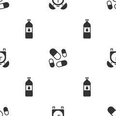 Wall Mural - Set Alarm clock, Vitamin pill and Bottle of water on seamless pattern. Vector.