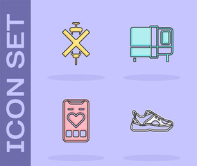 Sticker - Set Sport sneakers, No doping syringe, Mobile with heart rate and Bed icon. Vector.