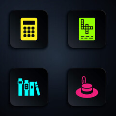Poster - Set Man hat, Calculator, Book and Crossword. Black square button. Vector.