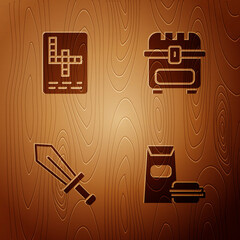 Poster - Set Burger, Crossword, Sword for game and Antique treasure chest on wooden background. Vector.