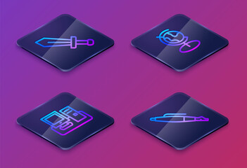 Sticker - Set Isometric line Sword for game, Monitor with keyboard, Earth globe and Fountain pen nib. Blue square button. Vector.