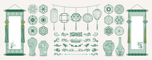 Set Of Hand Drawn Oriental Elements. Asian Hanging Scrolls And Lanterns. Ceramic Vases, Traditional Patterns, Oriental Decorations. Vector Illustrations.