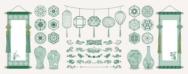 Set of hand drawn oriental elements. Asian hanging scrolls and lanterns. Ceramic vases, Traditional patterns, Oriental decorations. Vector illustrations.