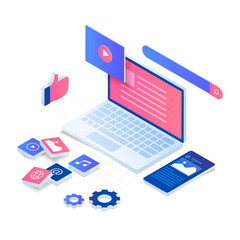 Wall Mural - Internet content vector isometric illustration concept. Illustration for websites, landing pages, mobile applications, posters and banners.