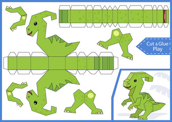 Wall Mural - Cut and glue the paper 3d dinosaur. Kids crafts activity page. Worksheet with education riddle. Children art game. Create toys. Birthday party decoration. Vector illustration.