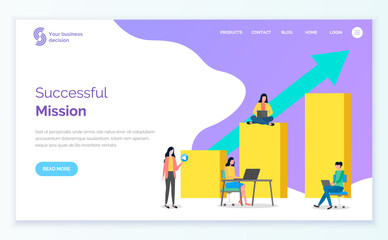 Landing page of the selling site. CEOs, women with laptops, huge surround bar chart, up arrow. Girl with like icon. Customer acquisition, consumer market research. Successful mission. Flat image