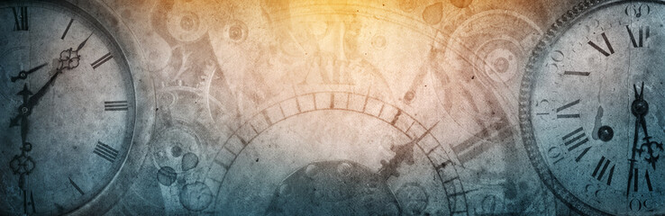 The dials of the old antique classic clocks on a vintage wide paper background. Concept of time, history, science, memory, information. Retro style. Vintage clockwork background.