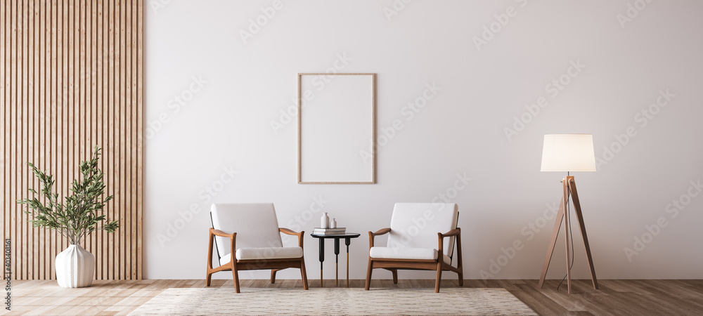 Living room design with empty frame mockup, two wooden chairs on white wall - obrazy, fototapety, plakaty 