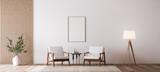 Fototapeta  - Living room design with empty frame mockup, two wooden chairs on white wall