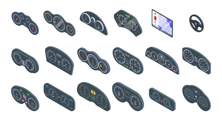 Poster - Car dashboard icons set. Isometric set of car dashboard vector icons for web design isolated on white background