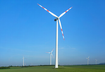 Green fields with wind power turbines, clear blue sky above