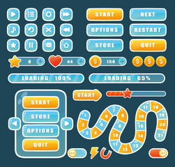 Cartoon navigation app menu elements, glossy buttons to play video game, progress bar, arrow and window gui design in different color. Buttons for mobile user game ui interface.