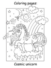 Cute magic unicorn on the cloud coloring vector