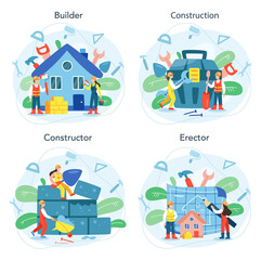 Poster - House building concept set. Workers constructing home with tools
