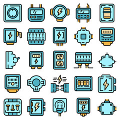 Poster - junction box icons set. outline set of junction box vector icons thin line color flat on white