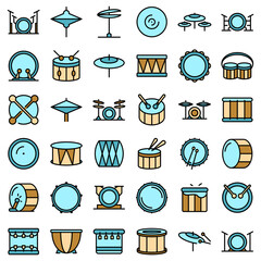 Poster - Drum icons set. Outline set of drum vector icons thin line color flat on white