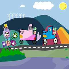 Vector cartoon  illustration of a two car funny driving at mountain landscape, sunny, road