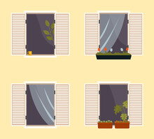 Set Of Various Balconies With Flowers In Pots. Windows With Open Shutters Vector Illustration. Windows Overlooking The Street With Plant Or Curtains Inside. Balcony Isolated On The Wall Of Building