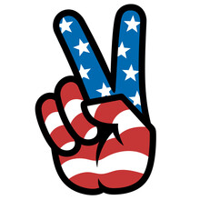 A Sign Of Peace. Gesture V Victory Or Peace Sign In The Colors Of The American Flag, Patriotic Sign, Icon For Apps, Websites, T-shirts, Etc., Isolated On A White Background
