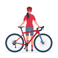 Young Woman Stands With A Gravel Bike. Cyclist In Uniform, Glasses And Helmet With A Sports Bicycle. Realistic Vector Illustration Isolated On White Background