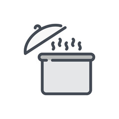 Poster - boiling pot with lid color line icon. cooking pot with boiling water and open lid vector outline col