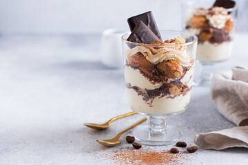 Homemade Italian dessert tiramisu with savoiardi and mascarpone,