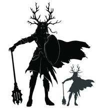 The Silhouette Of A Female Knight, She Is A Guardian Of The Forest With Huge Horns On Her Head, She Has A Heavy Mace, Shield, And Cloak, She Looks Directly At The Viewer With Aggression And Disbelief.