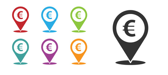 Poster - black cash location pin icon isolated on white background. pointer and euro symbol. money location. 
