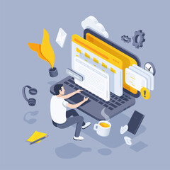 isometric vector illustration on gray background, man working at laptop, profession of a programmer or remote work via the Internet