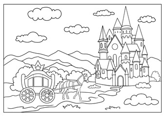 Canvas Print - Coloring page for book. Coloring landscape with carriage goo to castle. Kids activity worksheet. Drawing fairytale landscape. Children art game. Vector illustration.