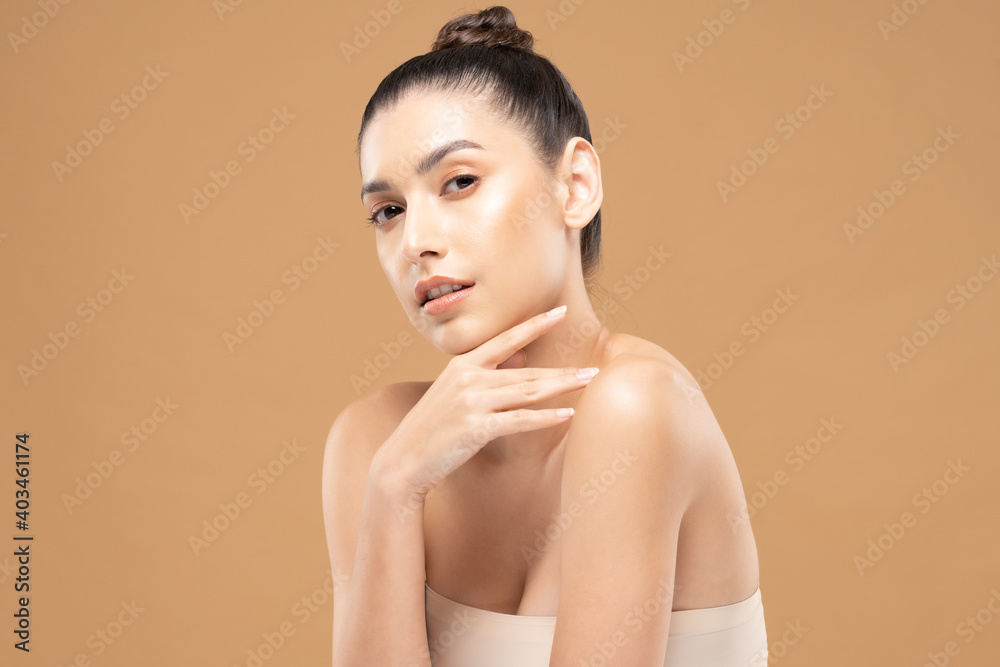 Beautiful Glamour woman touching cheek smile with clean and fresh skin ...