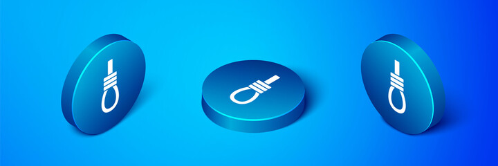 Sticker - Isometric Gallows rope loop hanging icon isolated on blue background. Rope tied into noose. Suicide, hanging or lynching. Blue circle button. Vector.