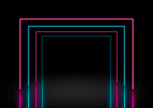 An Empty Stage Backdrop With Square Pink And Blue Neon Light Tunnel Reflecting On The Floor