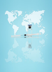 vaccine, syringe and ampoule on blue world map background, substance used to stimulate the productio